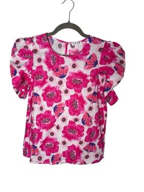 TCEC Pink & White Floral Puff Sleeve Cotton Blouse Size Medium